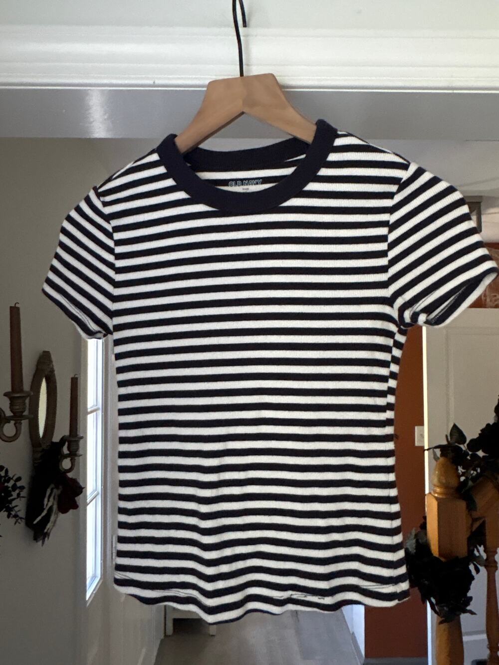 Old Navy Snug Stripe Rib Tee XS Navy Blue White Short Sleeve Casual Coastal